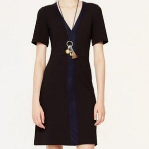 Tory Burch Navy Blue Sallare Suede Trim Short Sleeve V-Neck